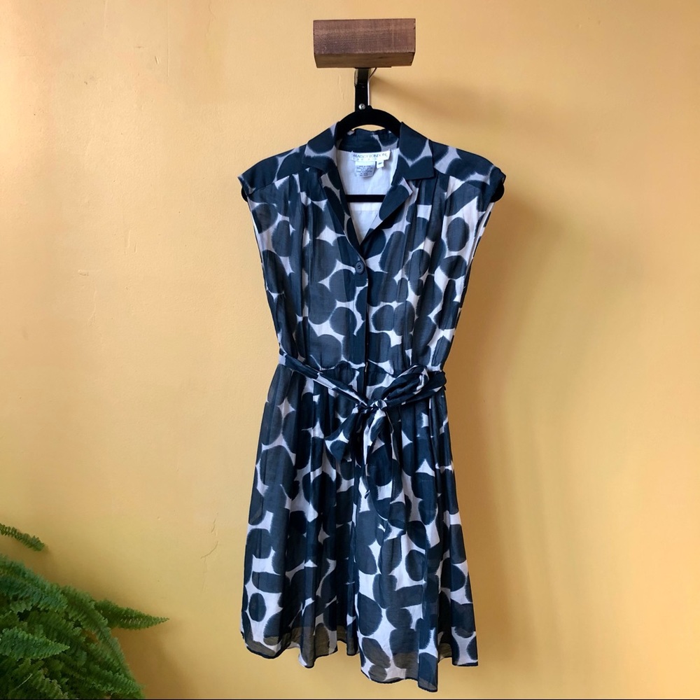 Maggy London Silk Cotton Blend Shirt Dress Neutral Blockprint